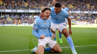 Man City star Jack Grealish celebrates with Rodri after scoring their side