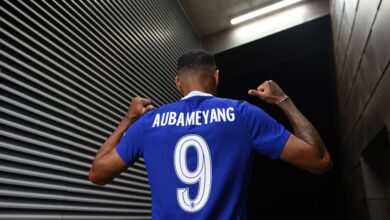 Pierre-Emerick Aubameyang poses for a photograph as he signs for Chelsea at Chelsea Training Ground on September 01, 2022 in Cobham, England.