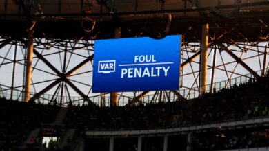 The big screen inside the stadium shows that a VAR review has resulted in Iceland being awarded a penalty during the 2018 FIFA World Cup Russia group D match between Nigeria and Iceland at Volgograd Arena on June 22, 2018 in Volgograd, Russia.