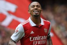 Arsenal striker Gabriel Jesus celebrates after scoring a hat-trick for Arsenal in the Emirates Cup.
