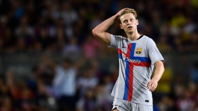 Manchester United target Frenkie de Jong central midfield of Barcelona and Netherlands gestures during the friendly match between FC Barcelona and Manchester City at Camp Nou on August 24, 2022 in Barcelona, Spain.