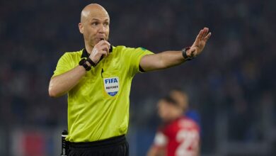 Referee Anthony Taylor blows his whistle during the 2022 FIFA World Cup Qualifier match between Italy and Switzerland at Olimpico Stadium on November 12, 2021 in Rome, Italy.