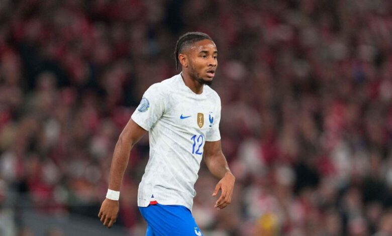 Chelsea target Christopher Nkunku of France looks on during the UEFA Nations League League A Group 1 match between Denmark and France at Parken Stadium on September 25, 2022 in Copenhagen, Denmark.