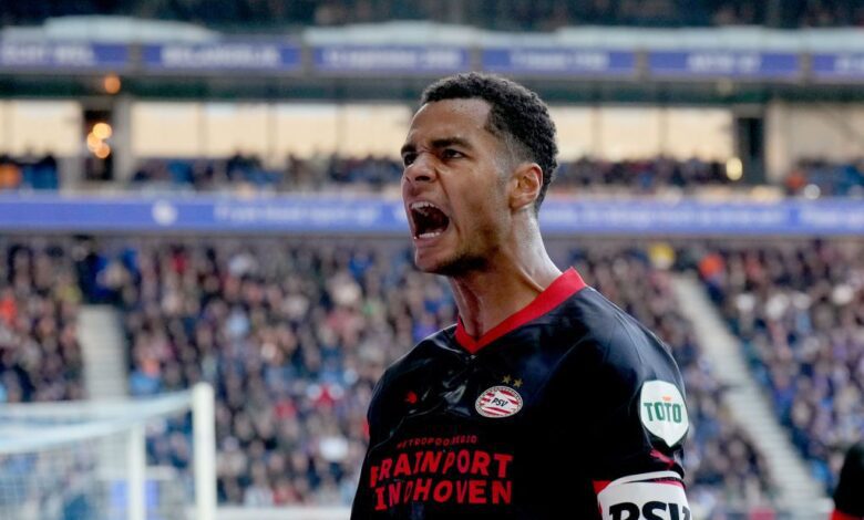 Arsenal target Cody Gakpo of PSV celebrates 0-1 during the Dutch Eredivisie match between SC Heerenveen v PSV at the Abe Lenstra Stadium on October 9, 2022 in Heerenveen Netherlands