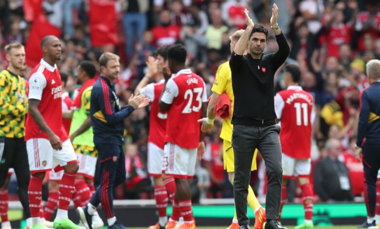 Arsenal manager Mikel Arteta applauds the supporters after the Premier League match between Arsenal FC and Tottenham Hotspur at Emirates Stadium on October 1, 2022 in London, United Kingdom.