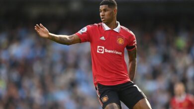 Manchester United striker Marcus Rashford in action during the Premier League match between Manchester City and Manchester United at Etihad Stadium on October 02, 2022 in Manchester, England.