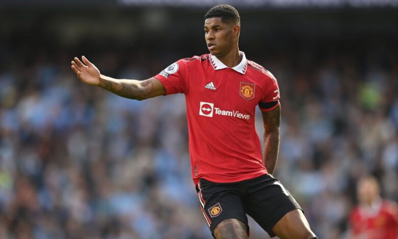 Manchester United striker Marcus Rashford in action during the Premier League match between Manchester City and Manchester United at Etihad Stadium on October 02, 2022 in Manchester, England.