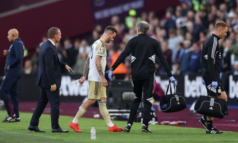 Leicester City forward James Maddison walks off the pitch after being substituted due to injury in the Premier League match between West Ham United and Leicester City on 12 November, 2022 at the London Stadium, London, United Kingdom