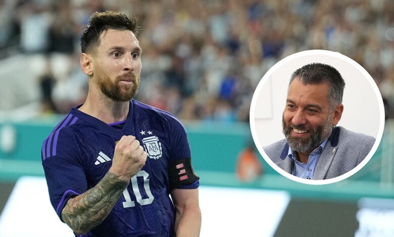 Argentina Lionel Messi (10) celebrates his penalty kick goal during the game between Honduras and Argentina on Friday, Sept 23, 2022 at Hard Rock Stadium in Miami Gardens FL: inset, Guillem Balague