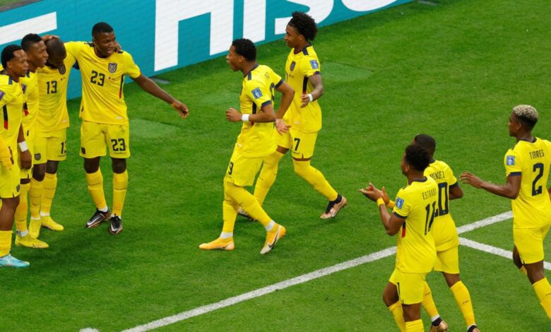 Ecuador players celebrate after Enner Valencia scored the opening goal (a penalty) against Qatar in the first game of the FIFA World Cup 2022 on 20 November, 2022 at Al Bayt Stadium, Qatar