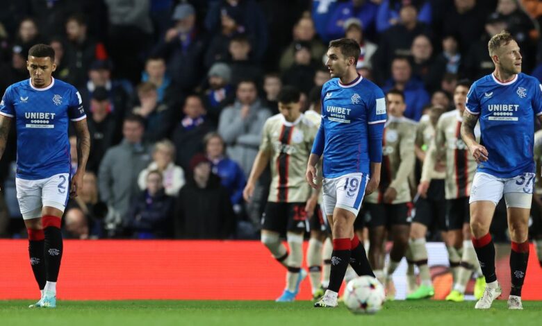 James Sands and James Tavernier of Rangers are seen after their tean conceed their second goal during the UEFA Champions League group A match between Rangers FC and AFC Ajax at Ibrox Stadium on November 01, 2022 in Glasgow, Scotland.