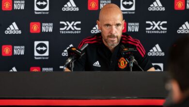 Manchester United manager Erik ten Hag speaks during a press conference at Carrington Training Ground on August 12, 2022 in Manchester, England