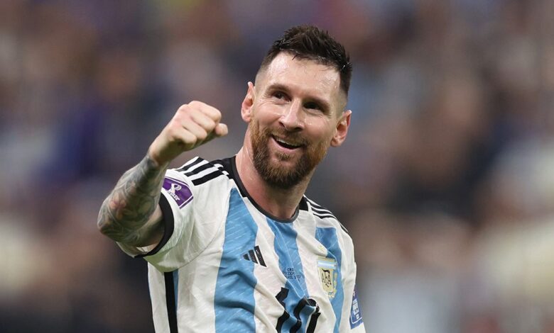 Lionel Messi celebrates after their sides third goal by Julian Alvarez of Argentina (not pictured) during the FIFA World Cup Qatar 2022 semi final match between Argentina and Croatia at Lusail Stadium on December 13, 2022 in Lusail City, Qatar.