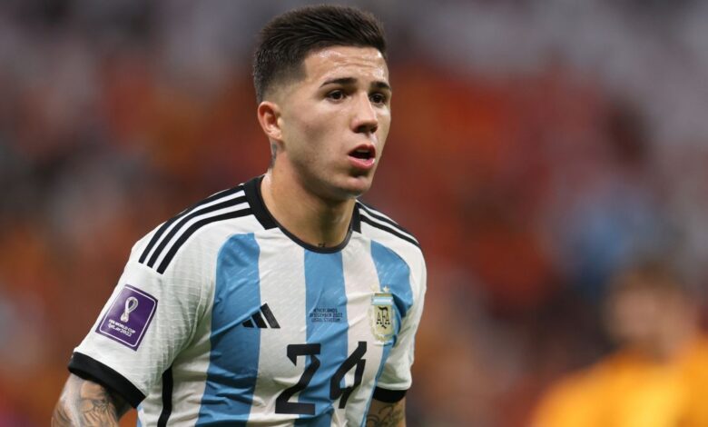 Chelsea-linked Enzo Fernandez of Argentina looks on during the FIFA World Cup 2022 quarter-final match between the Netherlands and Argentina on 9 December, 2022 at the Lusail Iconic Stadium in Lusail, Qatar.