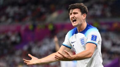 Tottenham Hotspur target Harry Maguire of England reacts during the FIFA World Cup Qatar 2022 Group B match between Wales and England at Ahmad Bin Ali Stadium on November 29, 2022 in Doha, Qatar.