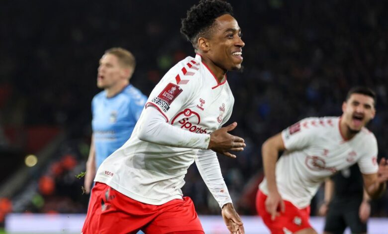 Kyle Walker-Peters of Southampton celebrates after he scores a goal to make it 2-1 in extra-time during the Emirates FA Cup Fourth Round match between Southampton and Coventry City at St Mary