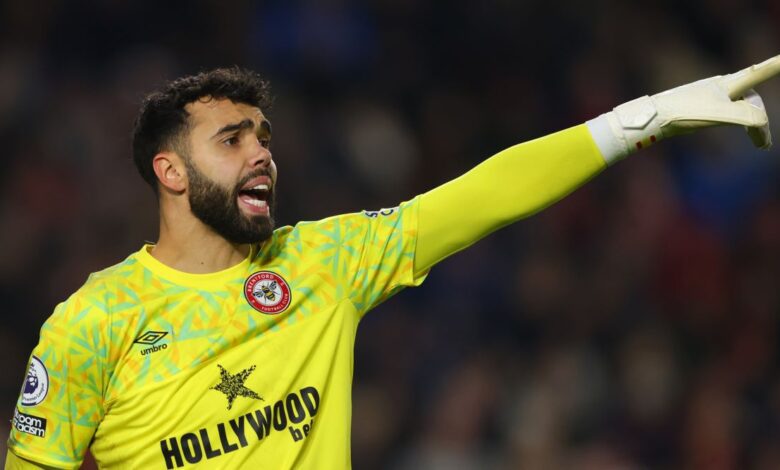 Brentford goalkeeper David Raya points and gives instructions during the Premier League match between Brentford and Liverpool on 2 January, 2023 at the Gtech Community Stadium in London, United Kingdom.