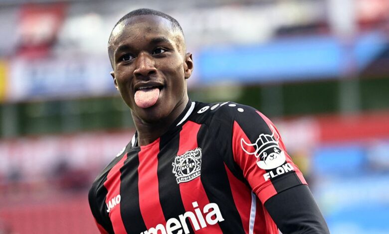 Arsenal target Moussa Diaby celebrates a goal during the German first division Bundesliga football match between Bayer Leverkusen and Arminia Bielefeld in Leverkusen, western Germany on February 26, 2022