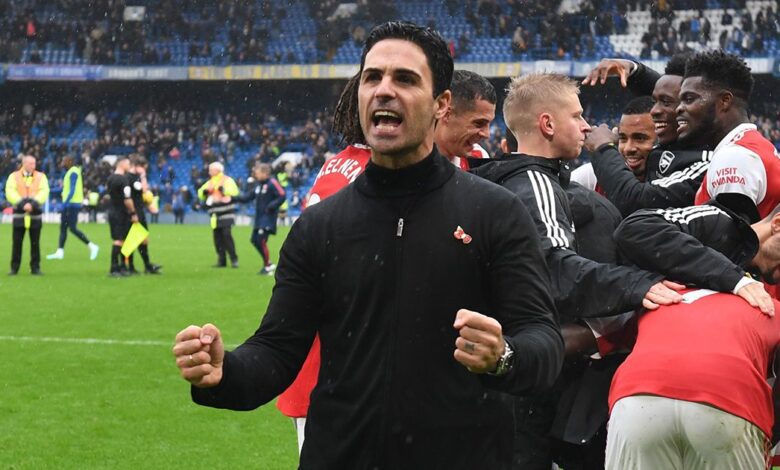 Arsenal manager Mikel Arteta celebrates after the Premier League match between Chelsea FC and Arsenal FC at Stamford Bridge on November 06, 2022 in London, England.