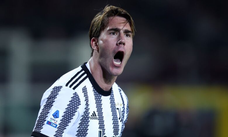 Manchester-United linked Dusan Vlahovic of Juventus reacts during the Serie A match between Torino and Juventus on 15 October, 2022 at the Stadio Olimpico Grande Torino in Turin, Italy.