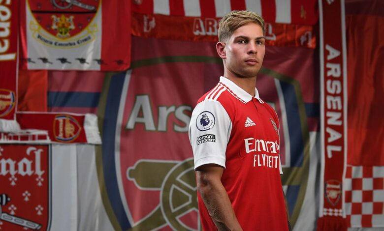 Arsenal star Emile Smith Rowe during the Arsenal Media Day at the Arsenal Training Ground at London Colney on August 01, 2022 in St Albans, England.