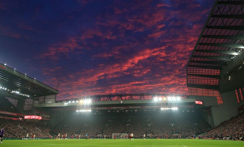 Liverpool ground Anfield: A general view at sunset during the Premier League match between Liverpool FC and Manchester United at Anfield on January 19, 2020 in Liverpool, United Kingdom.