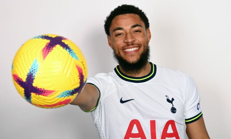 Arnaut Danjuma poses with a football after signing for Tottenham Hotspur on 25 January, 2022 at the Hotspur Way training ground in Enfield, United Kingdom.