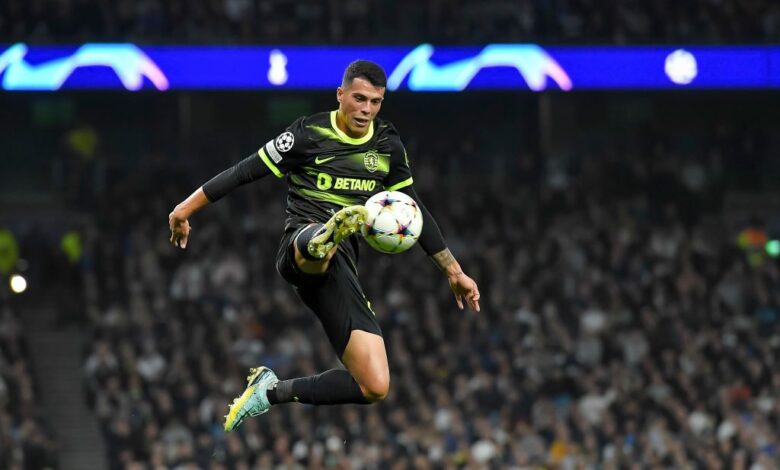 Tottenham target Pedro Porro (Sporting Lissabon) controls the ball during the UEFA Champions League group D match between Tottenham Hotspur and Sporting CP at Tottenham Hotspur Stadium on October 26, 2022 in London, United Kingdom.