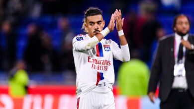 Chelsea-linked Malo Gusto of Lyon applauds the fans after the Ligue 1 match between Lyon and PSG on 18 September, 2022 at the Groupama Stadium in Lyon, France.