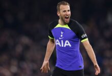 Manchester United-linked Harry Kane of Tottenham Hotspur celebrates after scoring during the Premier League match between Fulham and Tottenham Hotspur on 23 January, 2023 at Craven Cottage in London, United Kingdom.