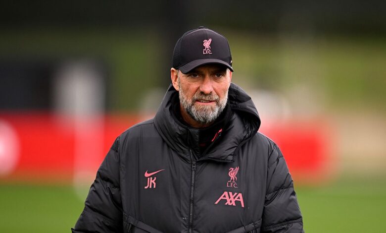 Liverpool manager Jurgen Klopp during a training session at AXA Training Centre on January 05, 2023 in Kirkby, England.