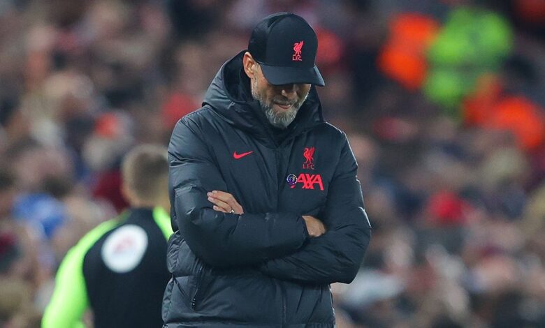 Liverpool manager Jurgen Klopp looks dejected during the Premier League match between Liverpool FC and Leeds United at Anfield on October 29, 2022 in Liverpool, England.