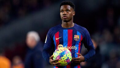 Liverpool target Ansu Fati looks on while holding the ball during the LaLiga Santander match between FC Barcelona and Sevilla FC at Spotify Camp Nou on February 05, 2023 in Barcelona, Spain.