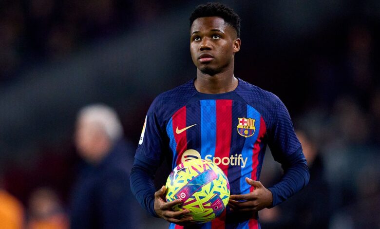 Liverpool target Ansu Fati looks on while holding the ball during the LaLiga Santander match between FC Barcelona and Sevilla FC at Spotify Camp Nou on February 05, 2023 in Barcelona, Spain.