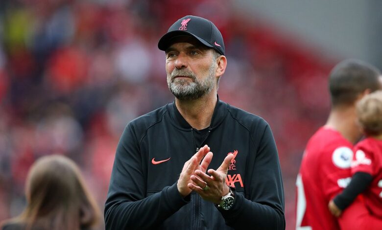 Liverpool manager Jurgen Klopp applauds the fans following the Premier League match between Liverpool and Wolverhampton Wanderers at Anfield on May 22, 2022 in Liverpool, England.