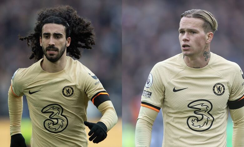 Chelsea team-mates Marc Cucurella (L) and Myhaylo Mudryk (L) in action for the Blues in the 1-1 draw against West Ham United at the London Stadium, London, on February 11 2023.