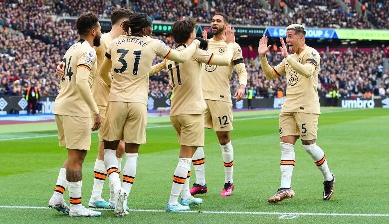 Chelsea players celebrate after Joao Felix scores against West Ham at the London Stadium in the Premier League in February 2023.