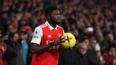 Arsenal star Thomas Partey during the Premier League match between Arsenal FC and Manchester United at Emirates Stadium on January 22, 2023 in London, England.