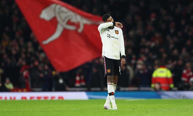 Arsenal target Marcus Rashford of Manchester United reacts after Eddie Nketiah of Arsenal (not pictured) scored their sides third goal during the Premier League match between Arsenal FC and Manchester United at Emirates Stadium on January 22, 2023 in London, England.