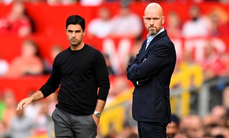 Manchester United and Arsenal managers Erik ten Hag and Mikel Arteta look on during the Premier League match between Manchester United and Arsenal FC at Old Trafford on September 04, 2022 in Manchester, England.