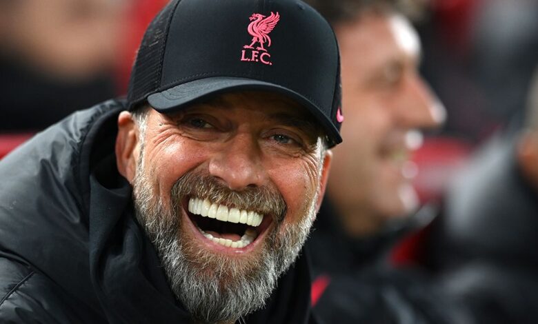 Liverpool manager Jurgen Klopp reacts prior to the Premier League match between Liverpool FC and Everton FC at Anfield on February 13, 2023 in Liverpool, England.