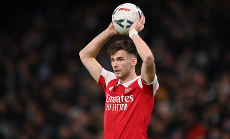 Newcastle-linked Arsenal defender Kieran Tierney prepares to take a throw-in during the FA Cup fourth round match between Manchester City and Arsenal at the Etihad Stadium on 27 January, 2023 in Manchester, United Kingdom.