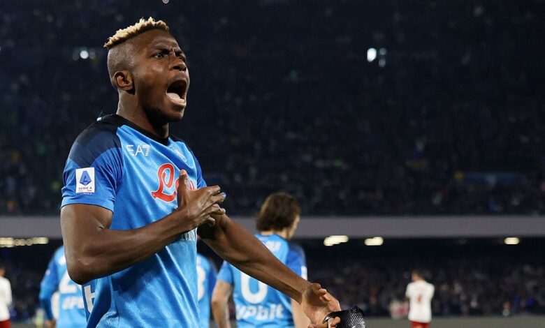 Manchester United target Victor Osimhen of SSC Napoli celebrates after scoring the 1-0 goal during the Serie A match between SSC Napoli and AS Roma at Stadio Diego Armando Maradona on January 29, 2023 in Naples, Italy.