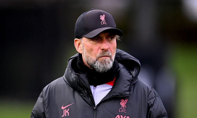 Liverpool manager Jurgen Klopp during a training session ahead of their UEFA Champions League round of 16 match against Real Madrid at Anfield on February 20, 2023 in Liverpool, England.