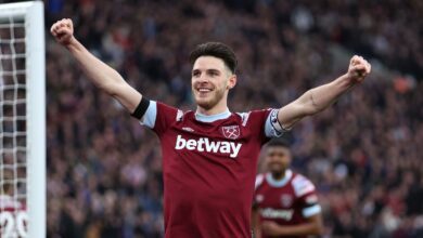 Manchester City rumoured transfer target Declan Rice celebrates during the Premier League match between West Ham United and Chelsea at the London Stadium on 11 February, 2023 in London, United Kingdom.