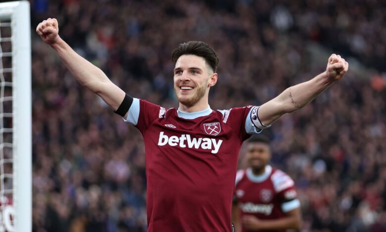 Manchester City rumoured transfer target Declan Rice celebrates during the Premier League match between West Ham United and Chelsea at the London Stadium on 11 February, 2023 in London, United Kingdom.