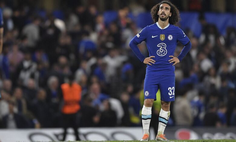 Chelsea star Marc Cucurella looks dejected during the UEFA Champions League group E match between Chelsea FC and FC Salzburg at Stamford Bridge on September 14, 2022 in London, United Kingdom.