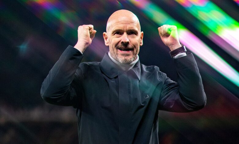 Manchester United manager Erik ten Hag celebrates victory after the UEFA Europa League knockout round play-off leg two match between Manchester United and FC Barcelona at Old Trafford on February 23, 2023 in Manchester, England.