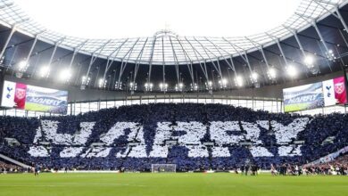 Tottenham dedicate a special tifo to all-time top scorer Harry Kane ahead of their Premier League game against West Ham in February 2023.