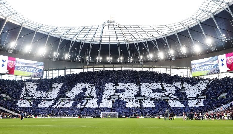 Tottenham dedicate a special tifo to all-time top scorer Harry Kane ahead of their Premier League game against West Ham in February 2023.